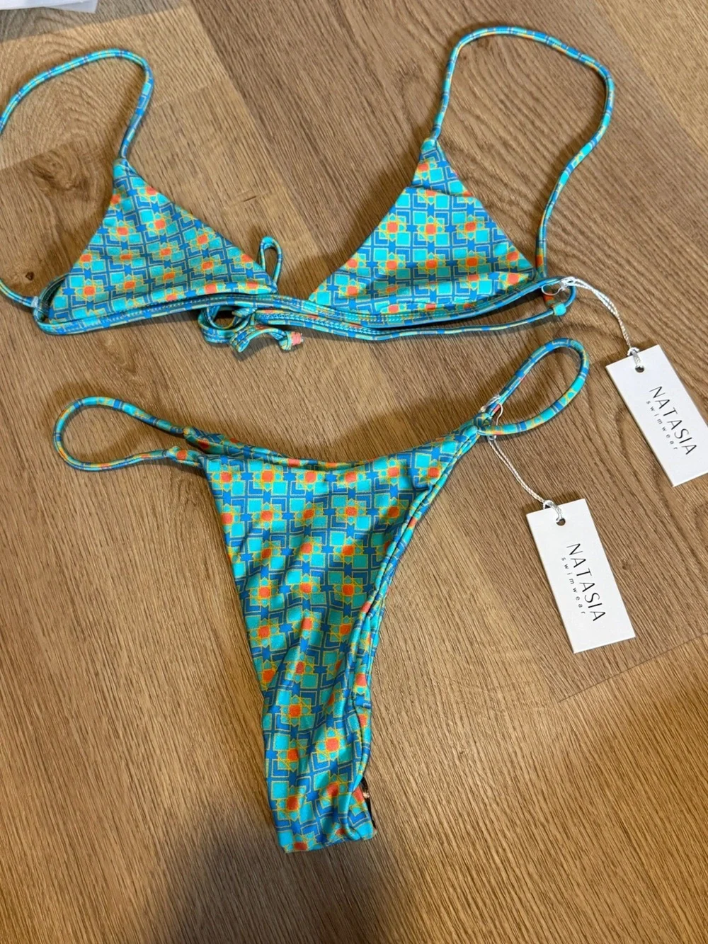 NWT Natasia Swim “Es Vedra” Turquoise Tile-Print Triangle Bikini